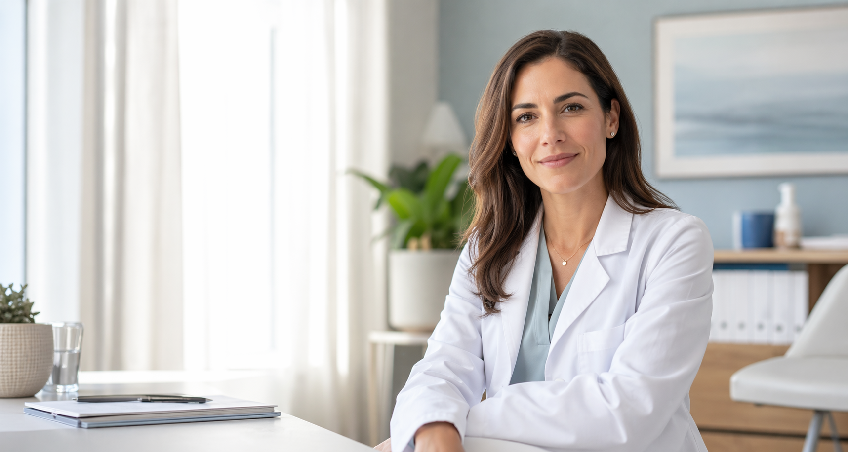 Retrato profesional de una doctora en consulta