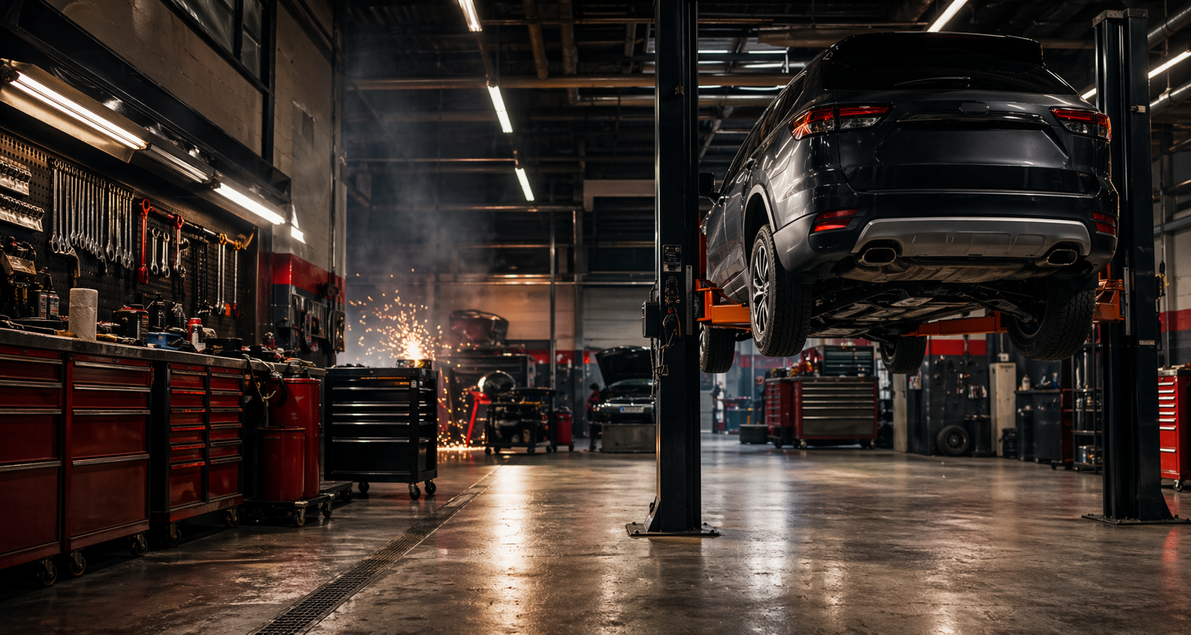 Taller mecanico industrial con SUV elevado