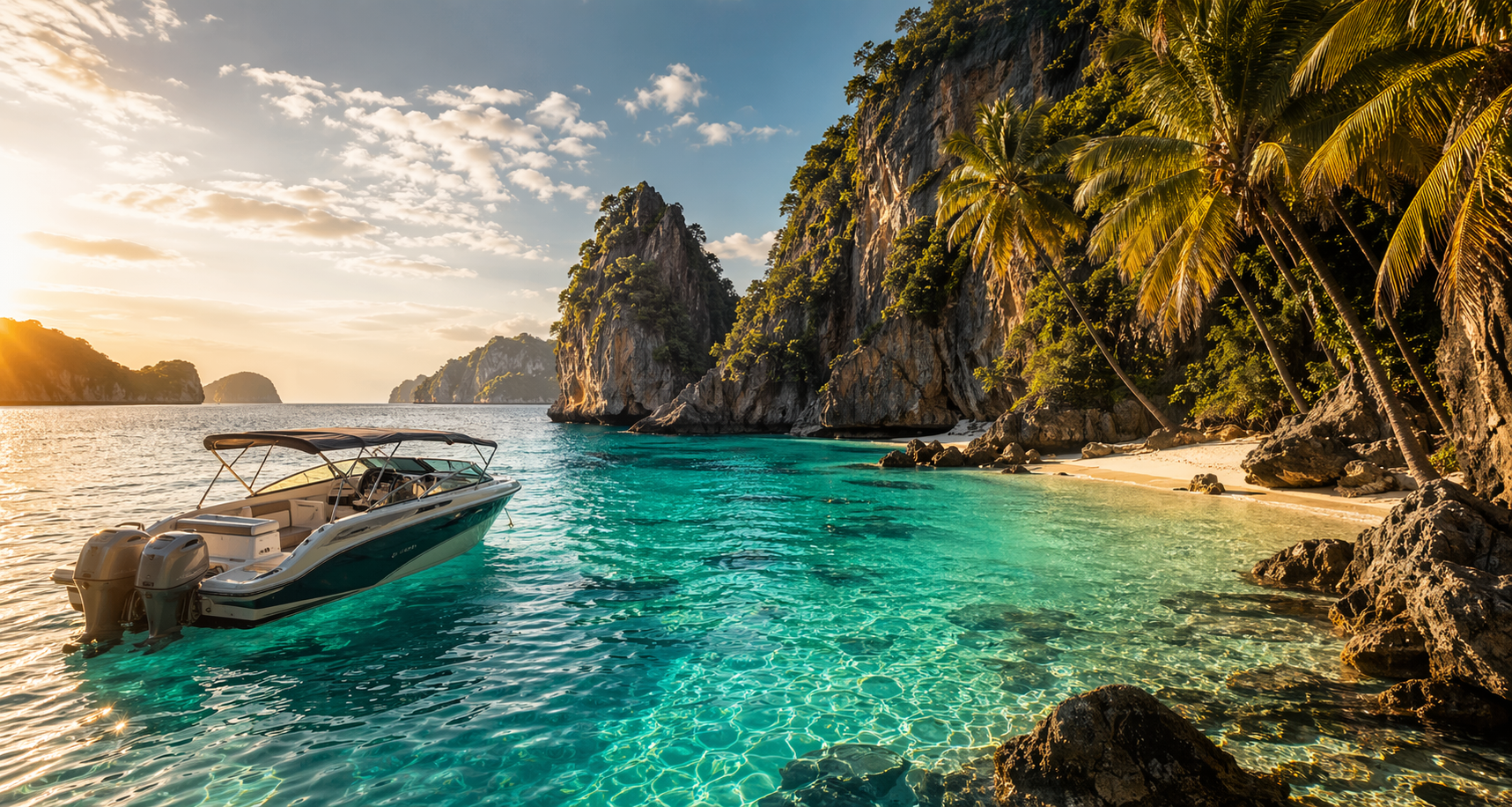 Bahia tropical con agua turquesa y lancha